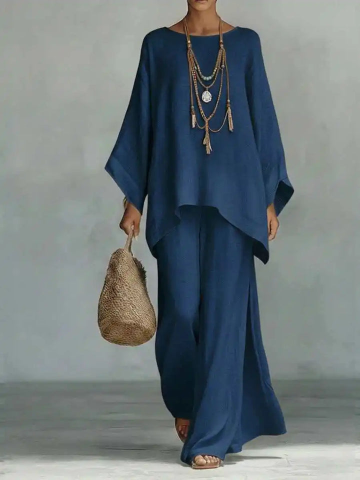 Women's Two-Piece Set with Asymmetrical Top and Wide-Leg Pants for Autumn
