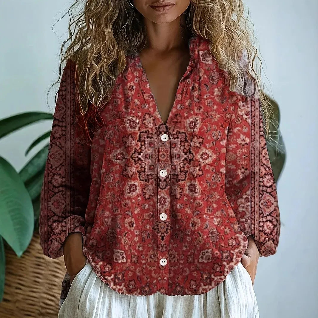 Women's Bohemian Floral Blouse with V-Neck and Long Sleeves for Autumn Style
