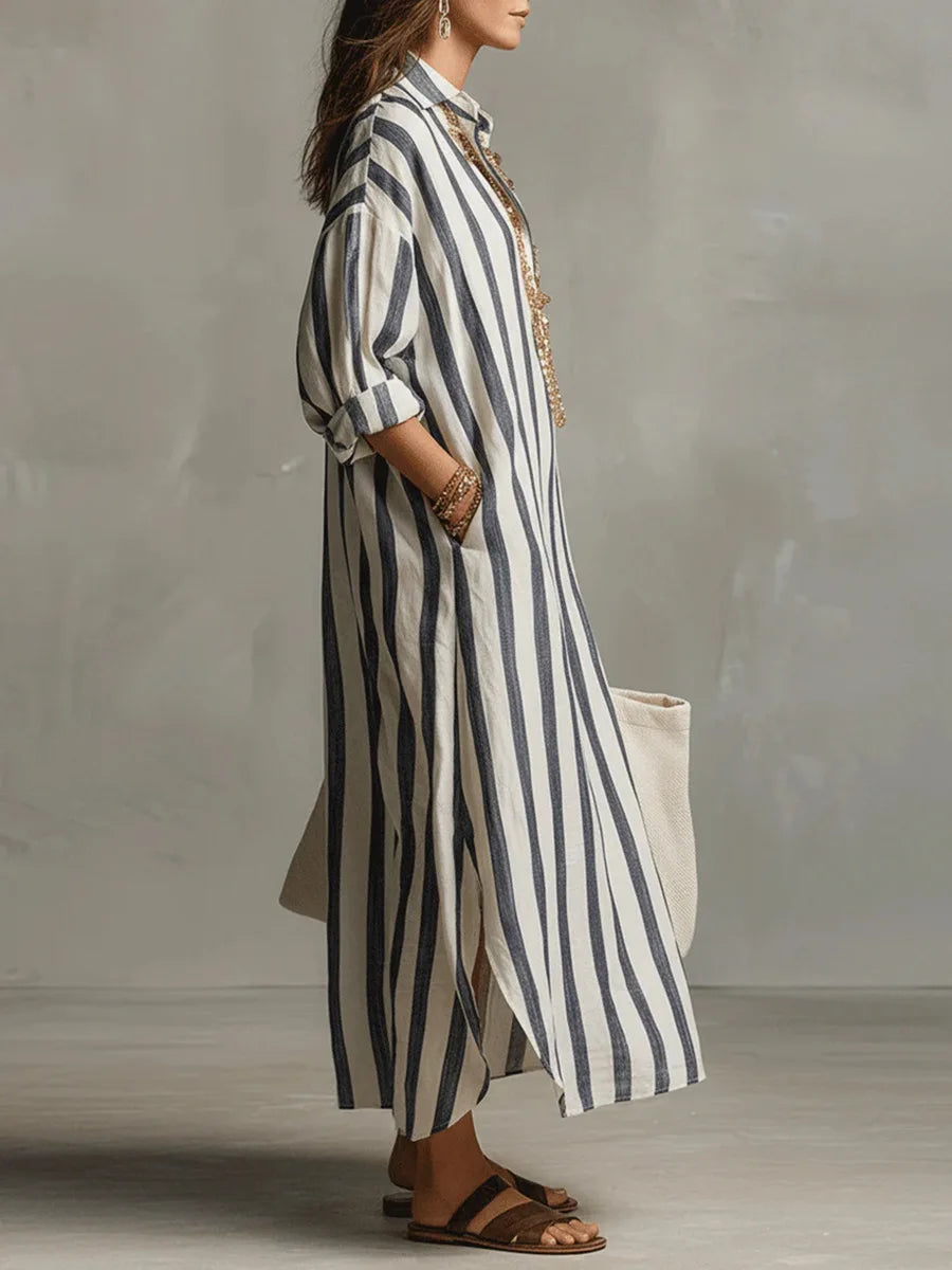 Women's Striped Long Shirt Dress Cotton Autumn Casual Outfit