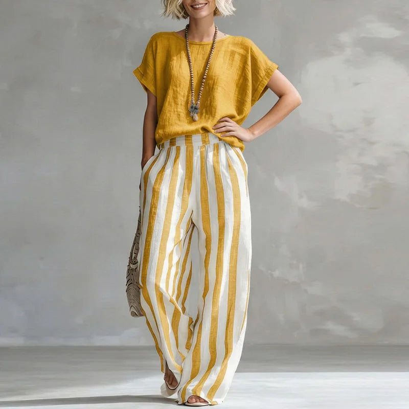 Women's Striped Set with Short-Sleeve Top and Wide-Leg Pants