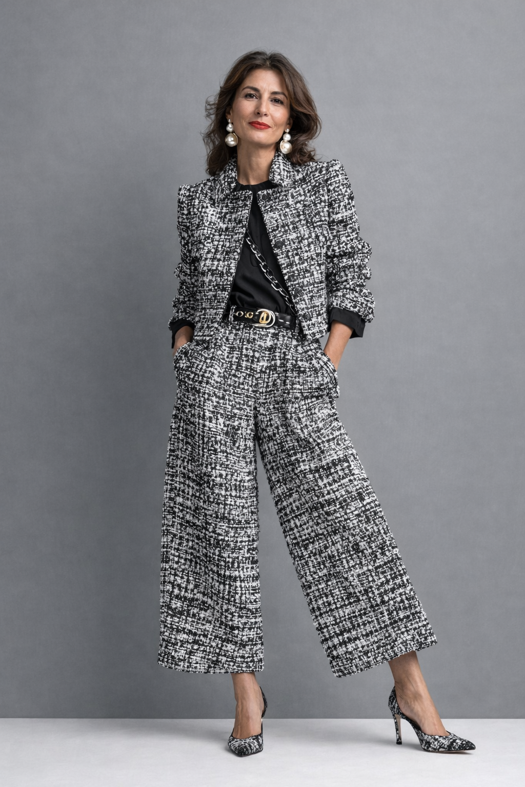 Women's Tweed Suit Set Autumn Cropped Jacket & Wide-Leg Trousers