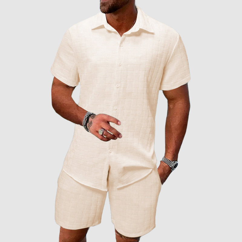 Men's Cotton Shirt and Shorts Set for Autumn Casual and Vacation Wear