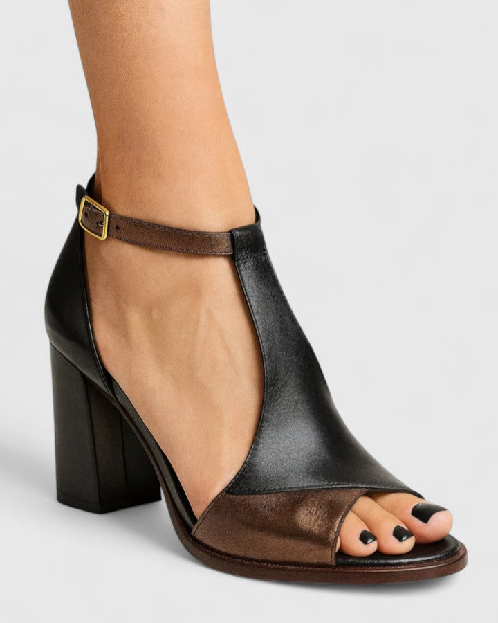 Women's Leather Block Heel Sandals Spring Open Toe Ankle Strap Heeled Sandals for Work