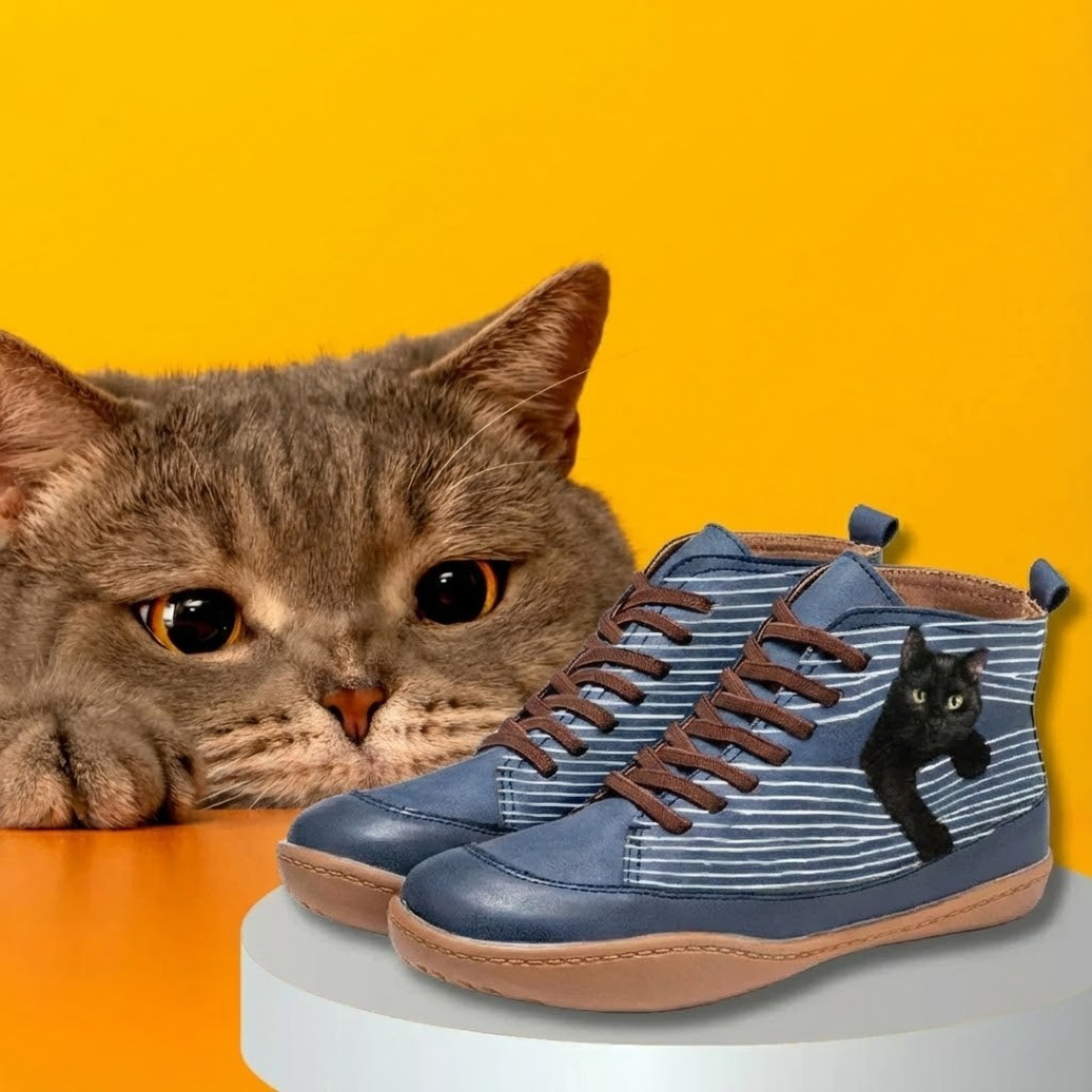Women's Synthetic Leather Cat Print Ankle Boots Autumn Casual Shoes