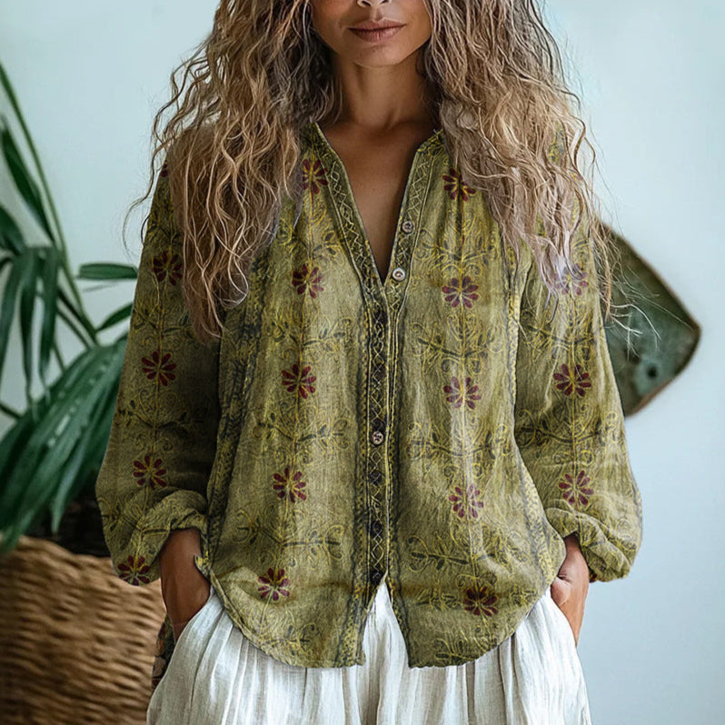 Women's Bohemian Floral Blouse with V-Neck and Long Sleeves for Autumn Style