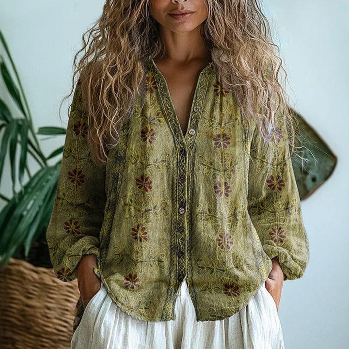Women's Bohemian Floral Blouse with V-Neck and Long Sleeves for Autumn Style