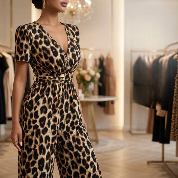 Women's Leopard Print Jumpsuit Spring Wide Leg V-Neck Jumpsuit with Belt Elegant Outfit