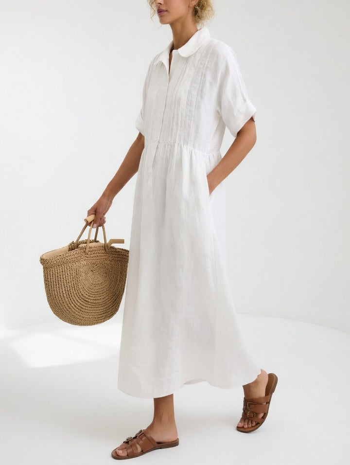 Women's Cotton Long Sleeve Pleated Shirt Dress Autumn Midi Top
