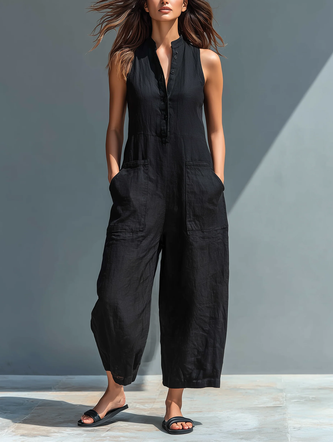 Women's Minimalist Sleeveless Jumpsuit with Shirt Collar