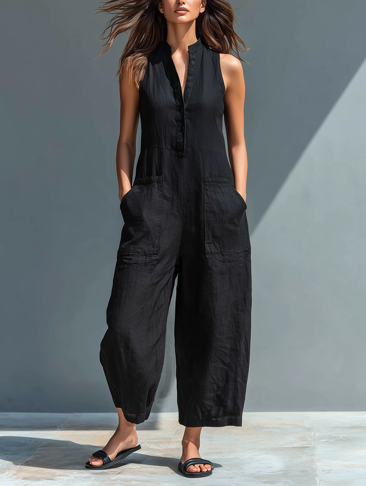Women's Minimalist Sleeveless Jumpsuit with Shirt Collar