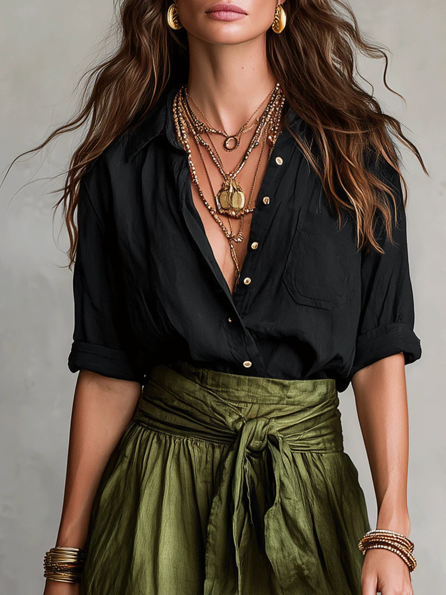 Women's Cotton Midi Skirt and Blouse Two-Piece Set Autumn Outfit