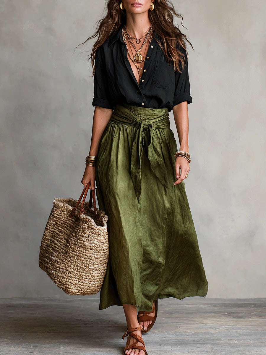Women's Cotton Midi Skirt and Blouse Two-Piece Set Autumn Outfit