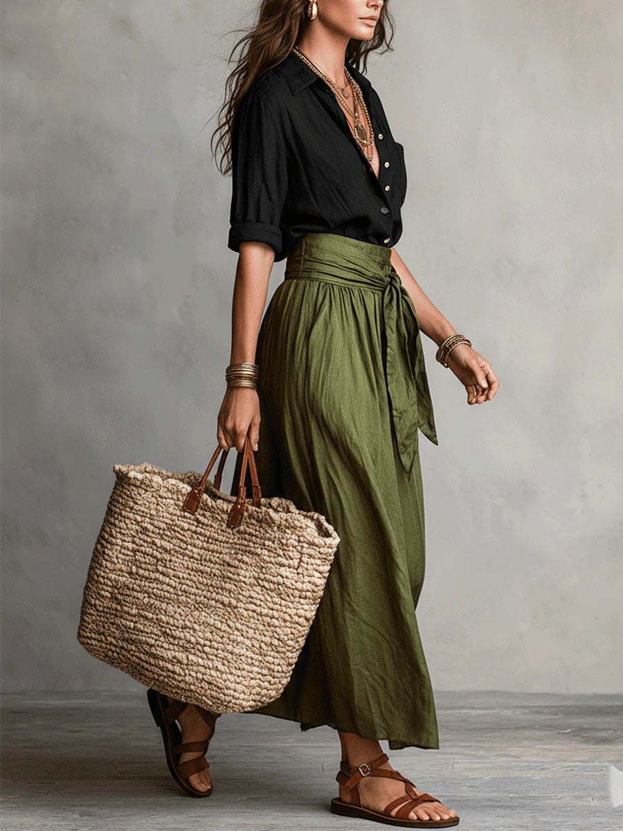 Women's Cotton Midi Skirt and Blouse Two-Piece Set Autumn Outfit
