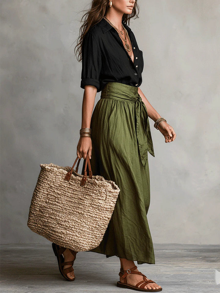 Women's Cotton Midi Skirt and Blouse Two-Piece Set Autumn Outfit