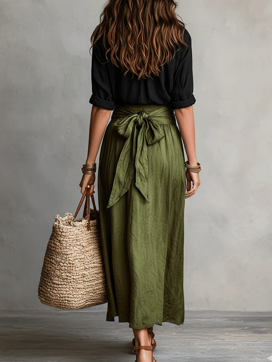 Women's Cotton Midi Skirt and Blouse Two-Piece Set Autumn Outfit