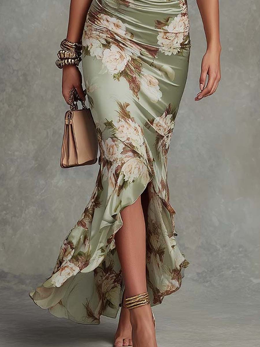 Women's Floral Satin V-Neck Maxi Dress Autumn Evening Outfit