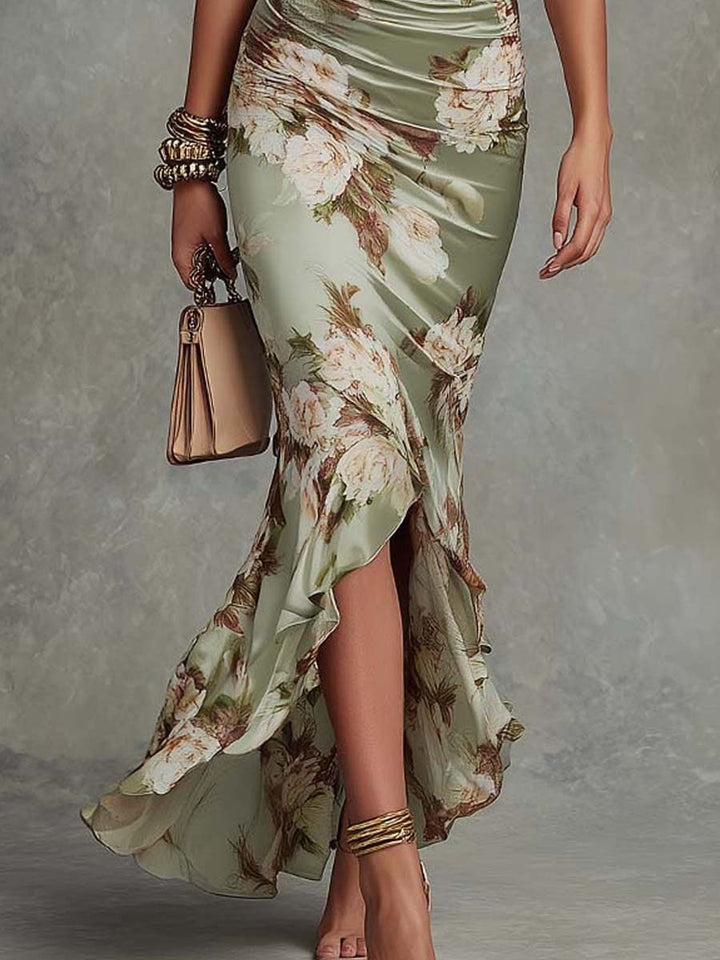 Women's Floral Satin V-Neck Maxi Dress Autumn Evening Outfit