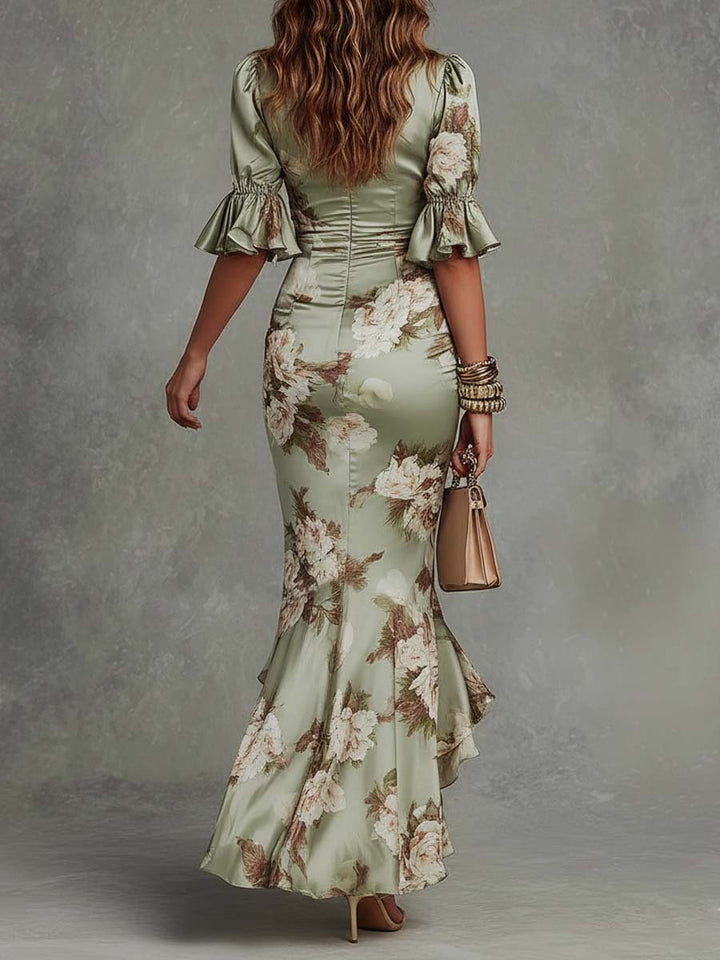 Women's Floral Satin V-Neck Maxi Dress Autumn Evening Outfit