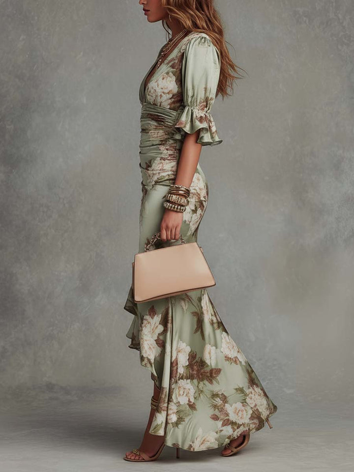 Women's Floral Satin V-Neck Maxi Dress Autumn Evening Outfit