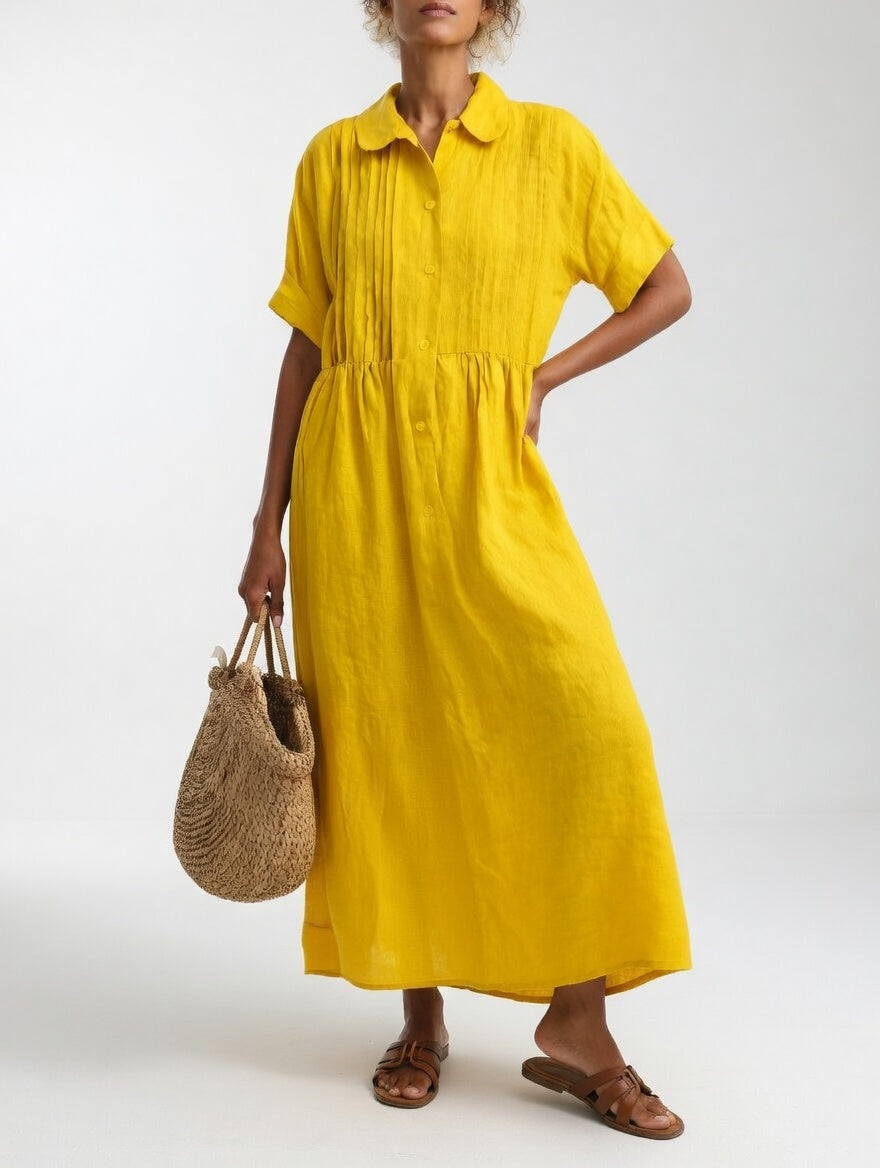 Women's Cotton Long Sleeve Pleated Shirt Dress Autumn Midi Top