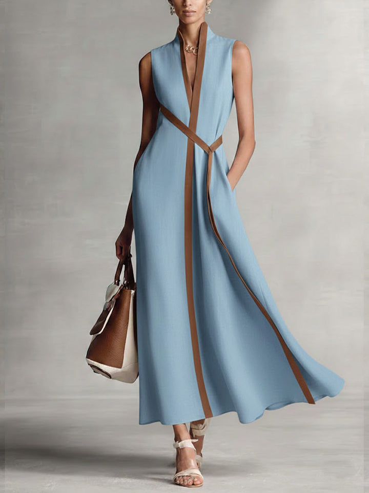 Women's Sleeveless Linen Maxi Dress Wrap Waist Autumn Outfit