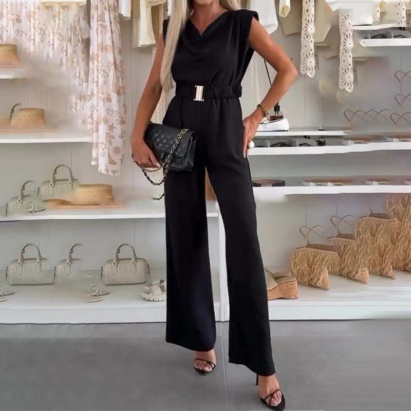 Women's Sleeveless Jumpsuit Spring Cowl Neck Wide Leg Jumpsuit with Belt Elegant Outfit