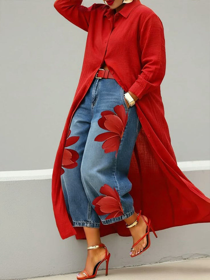 Women's Cotton Midi Shirt Dress Autumn Long-Sleeve Casual Dress