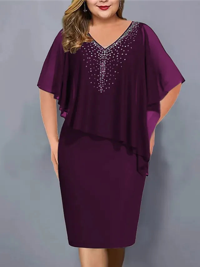 Women's Chiffon Cape Midi Dress Spring Rhinestone V Neck Bodycon Cocktail Party Dress