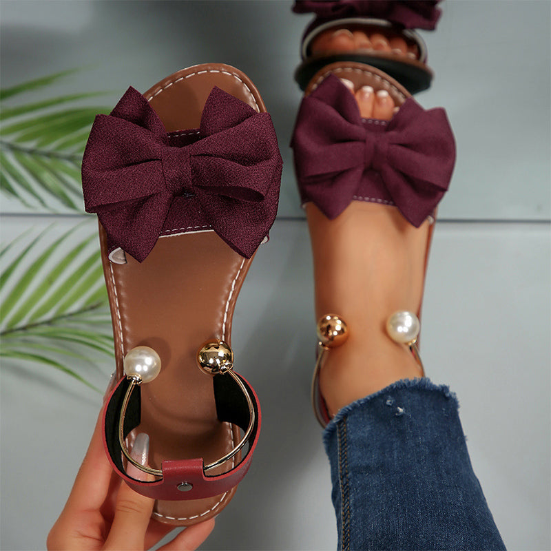 Women's Leather Flat Sandals Autumn Pearl Bow Slingback Sandals