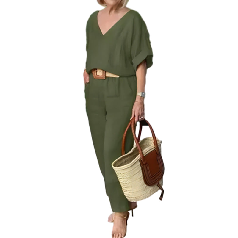 Women's Two Piece Set Spring Linen Look V-Neck Top and Straight Leg Pants Casual Outfit