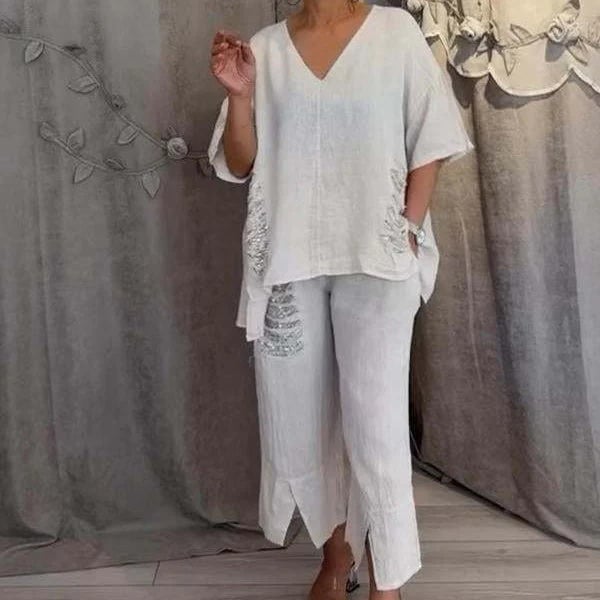 Women's V-Neck Two-Piece Set Autumn Flowy Casual Loungewear Set