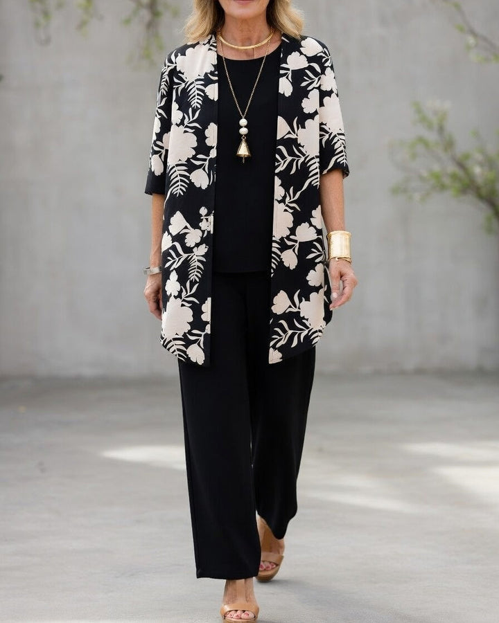 Women's 3-Piece Pants Set Polyester Floral Jacket Autumn Outfit