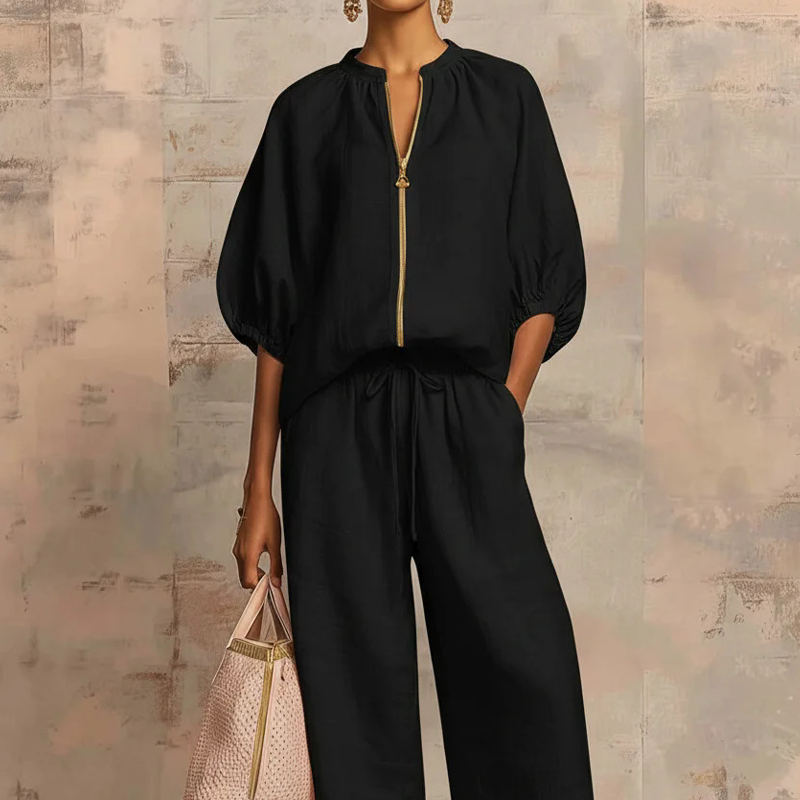 Women's Zip-Up Cotton Two-Piece Set Autumn Wide-Leg Lounge Set