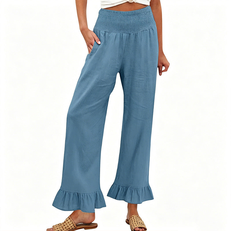 Women's Cotton Linen Wide Leg Pants Spring High Waisted Smocked Ruffle Hem Boho Trousers