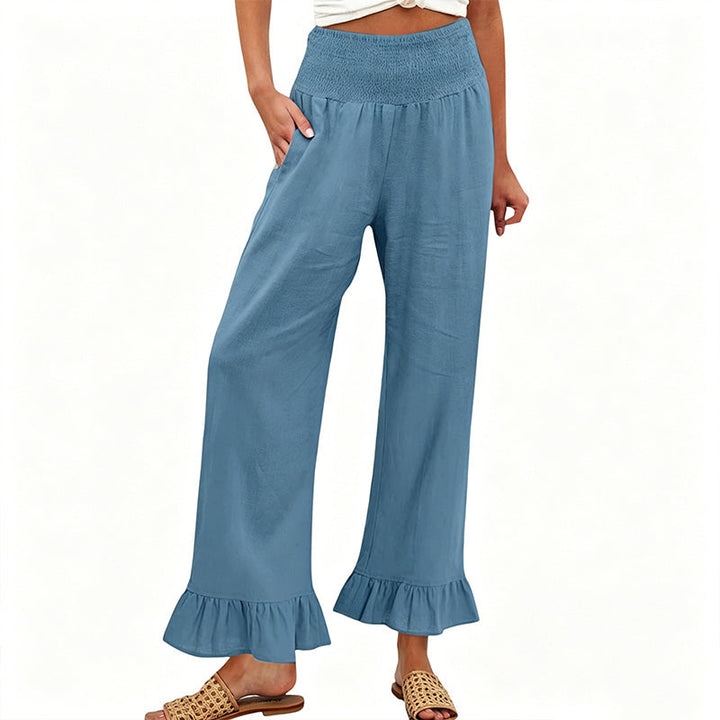 Women's Cotton Linen Wide Leg Pants Spring High Waisted Smocked Ruffle Hem Boho Trousers