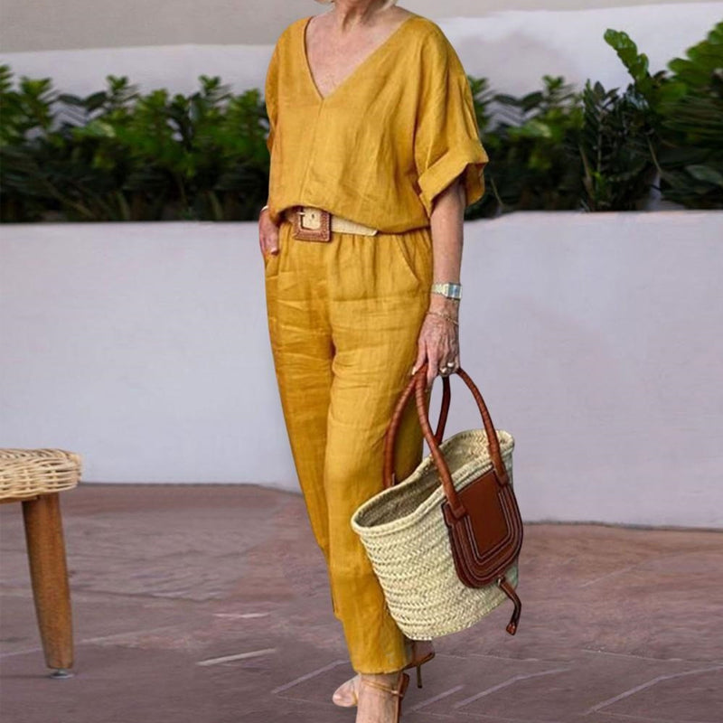 Women's Two Piece Set Spring Linen Look V-Neck Top and Straight Leg Pants Casual Outfit