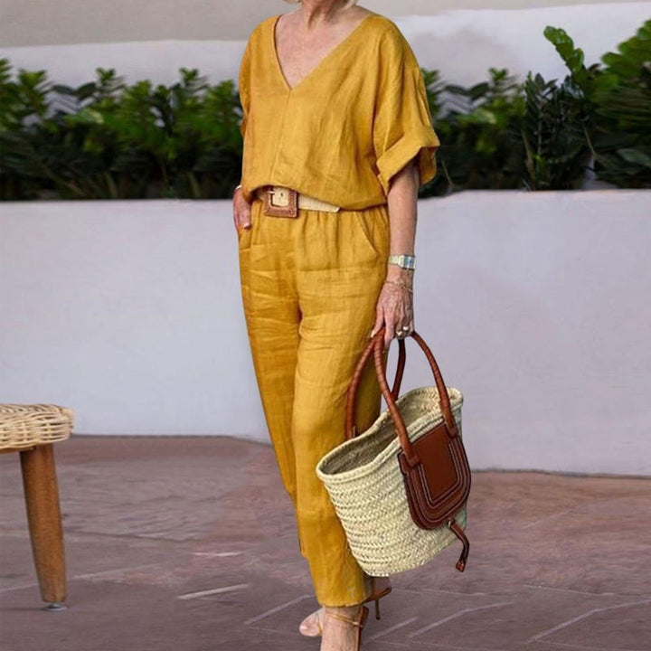 Women's Two Piece Set Spring Linen Look V-Neck Top and Straight Leg Pants Casual Outfit