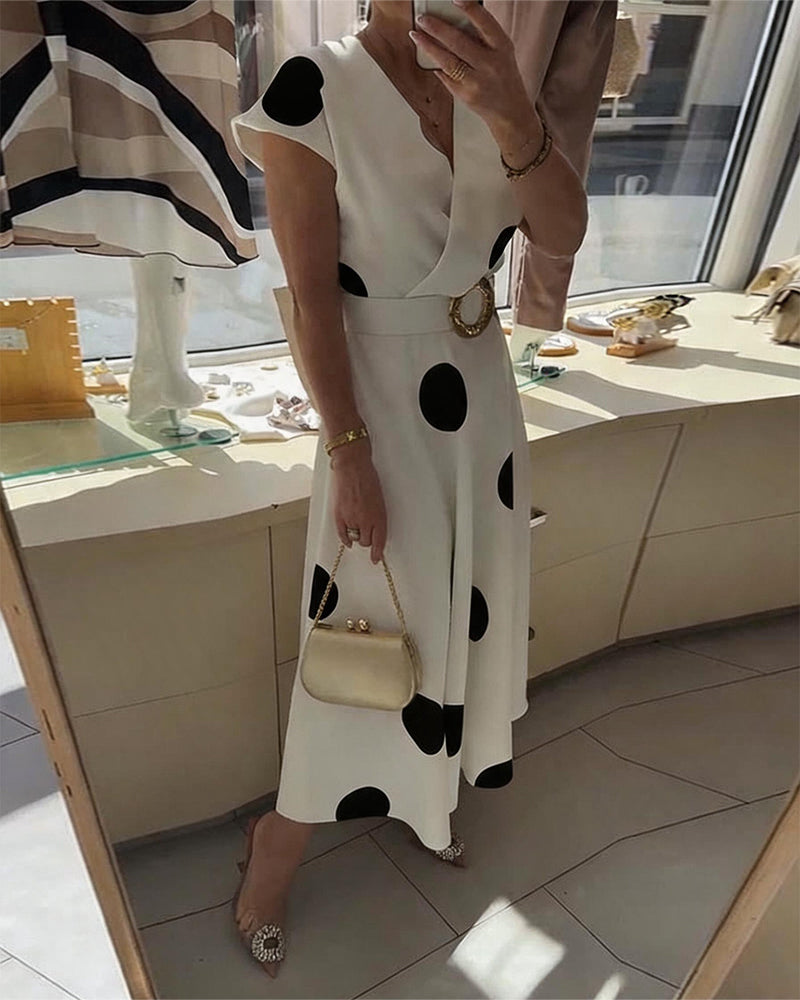 Women's Polka Dot V Neck Midi Dress Autumn Casual Dress