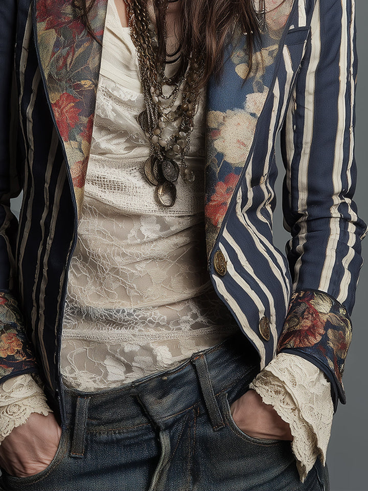 Women's Wool Blend Floral Blazer Autumn Boho Jacket