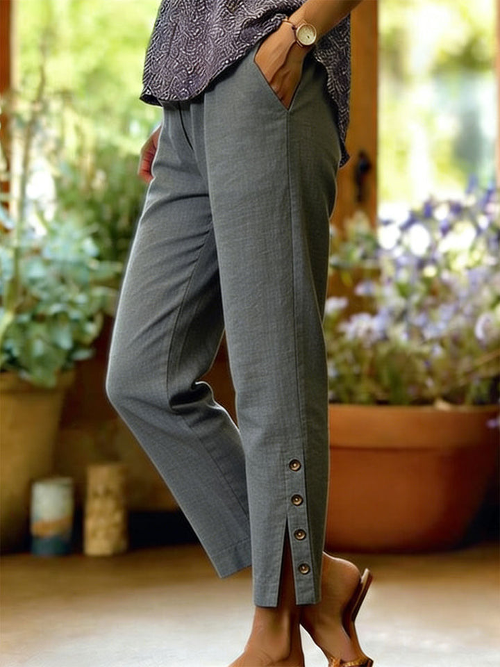 Women's Cotton Linen Loose Pants Autumn Wide-Leg Button Trousers