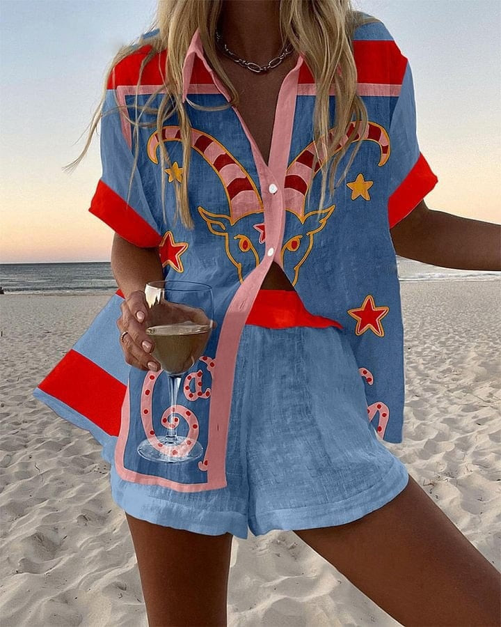 Women's Printed Short-Sleeve Shirt and Shorts Cotton Set Autumn