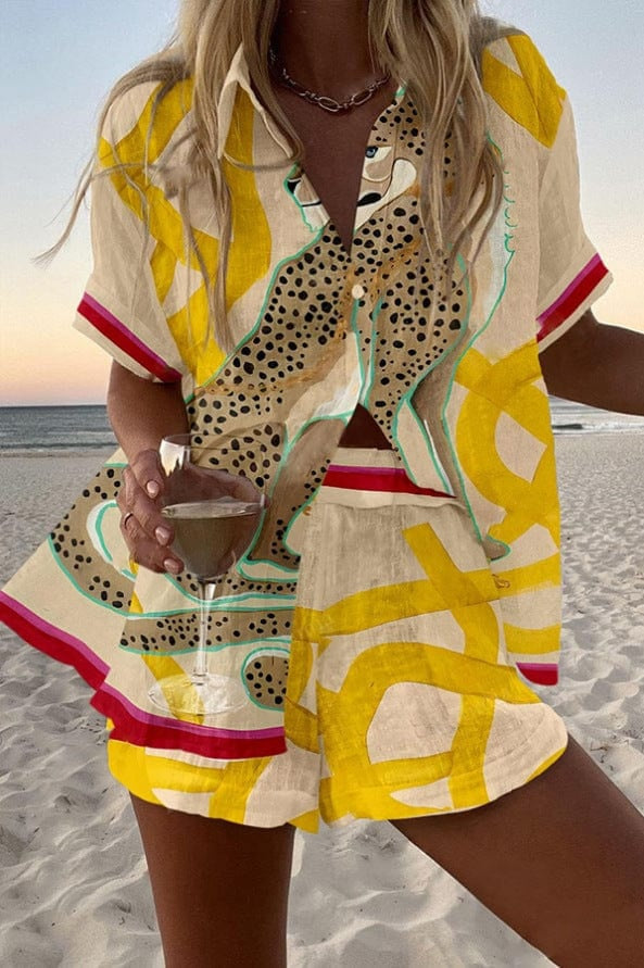 Women's Printed Short-Sleeve Shirt and Shorts Cotton Set Autumn