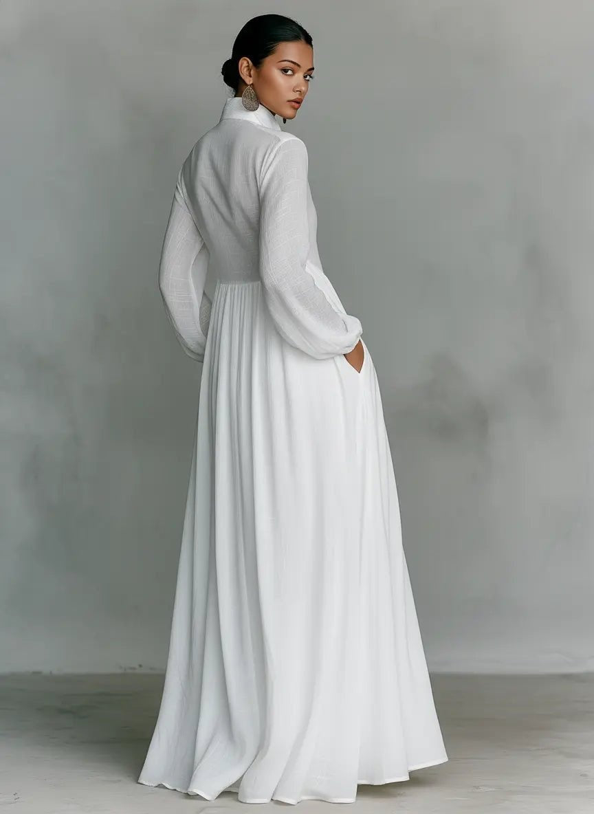 Women's Simple Wedding Dress Long Sleeve Cotton Linen Autumn Gown