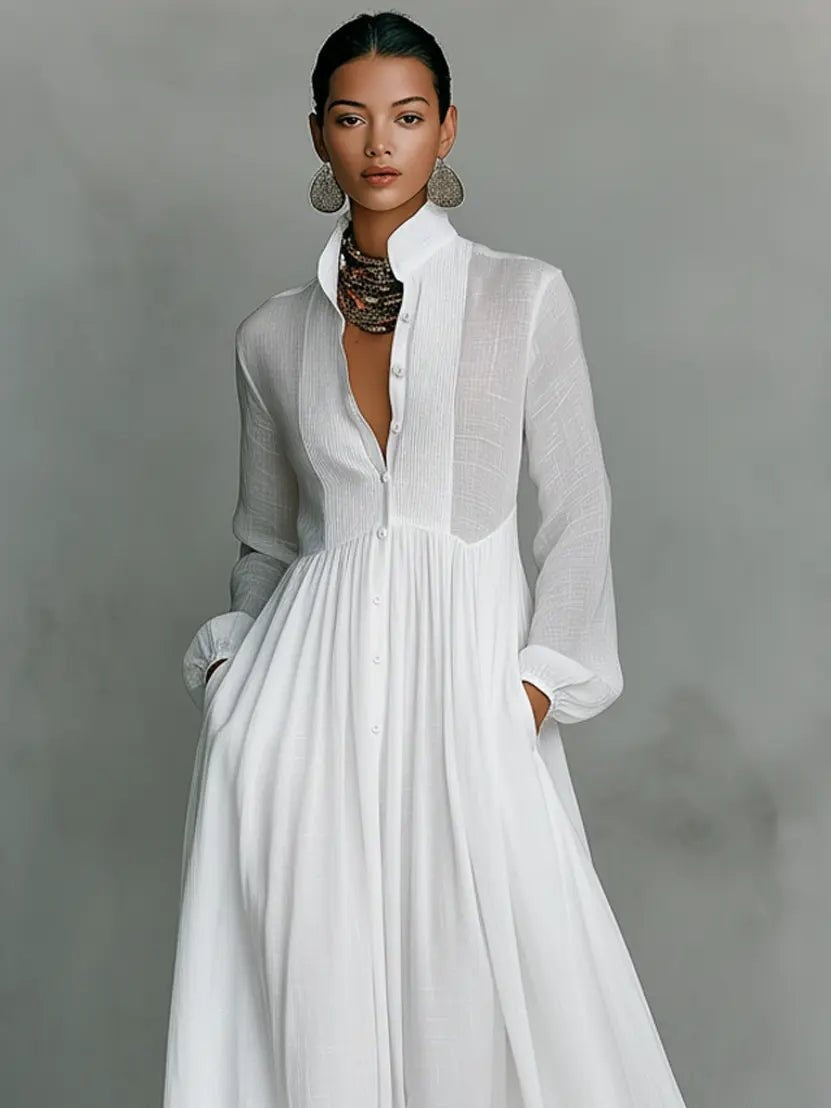 Women's Simple Wedding Dress Long Sleeve Cotton Linen Autumn Gown