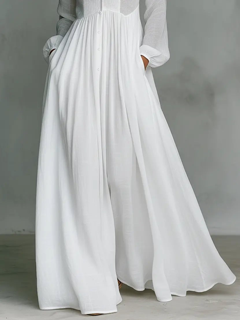 Women's Simple Wedding Dress Long Sleeve Cotton Linen Autumn Gown