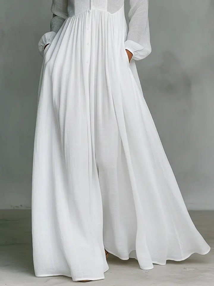 Women's Simple Wedding Dress Long Sleeve Cotton Linen Autumn Gown