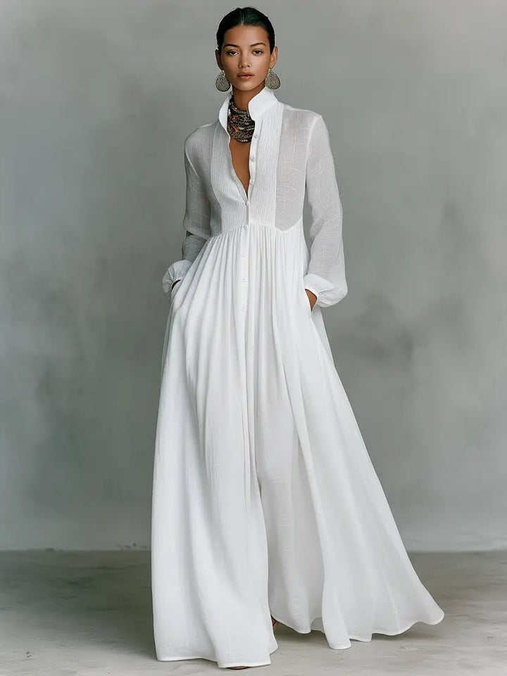 Women's Simple Wedding Dress Long Sleeve Cotton Linen Autumn Gown