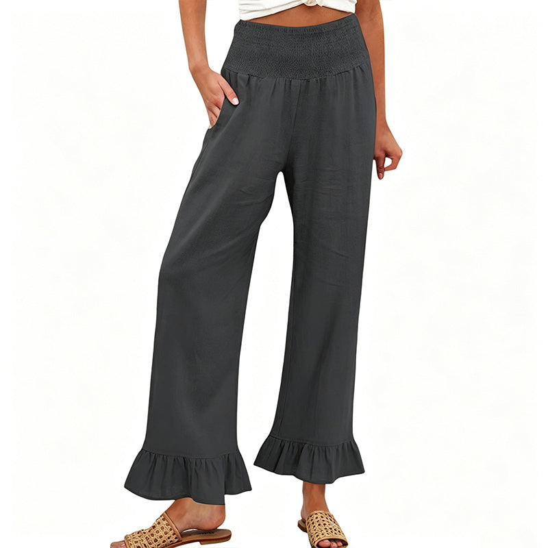 Women's Cotton Linen Wide Leg Pants Spring High Waisted Smocked Ruffle Hem Boho Trousers