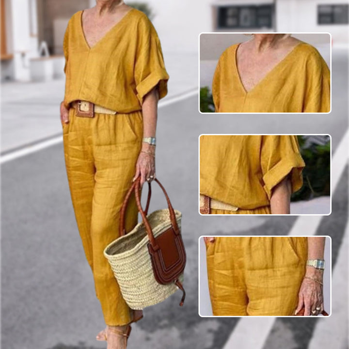 Women's Two Piece Set Spring Linen Look V-Neck Top and Straight Leg Pants Casual Outfit
