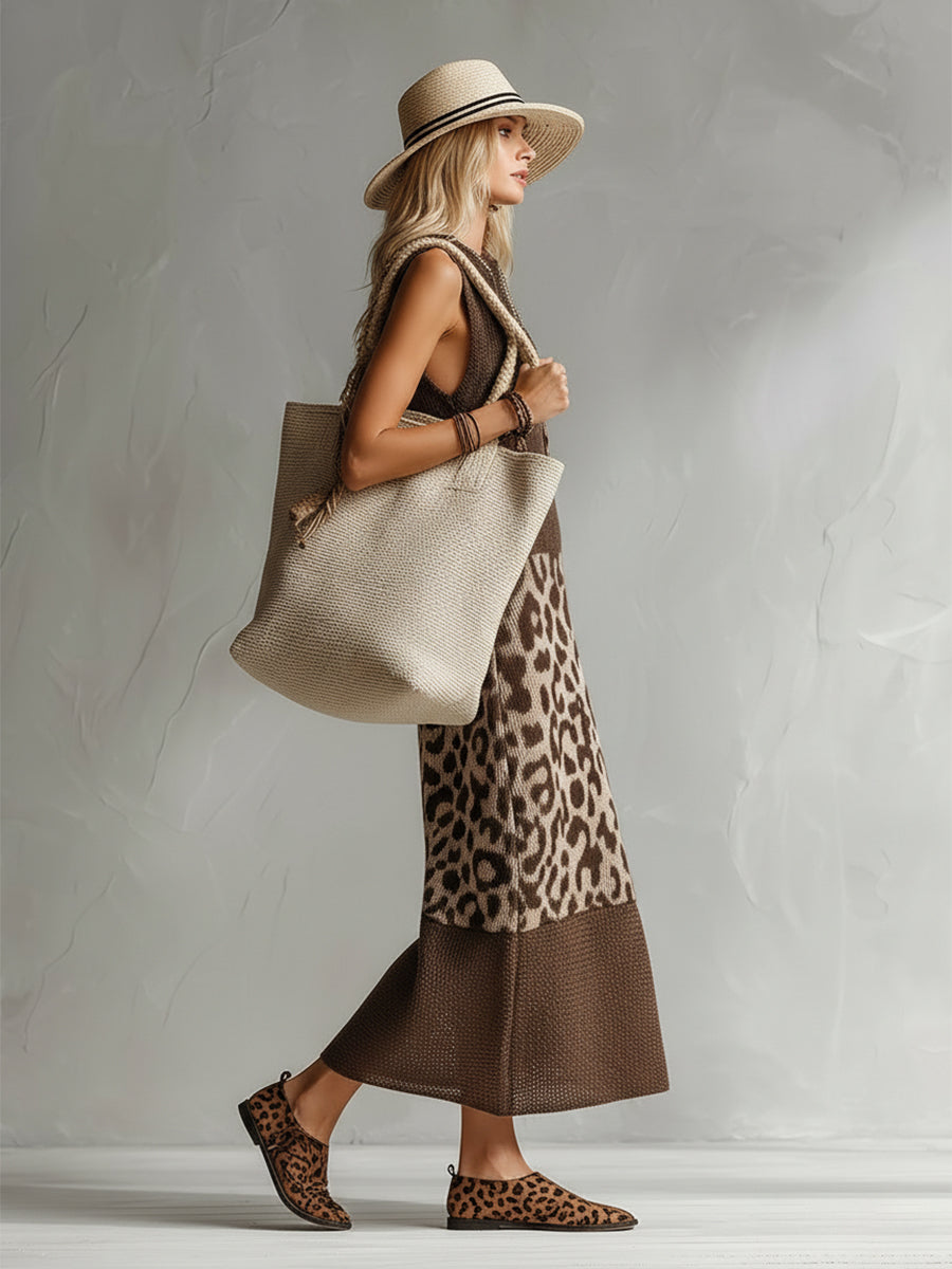 Women's Knit Sleeveless Leopard Print Maxi Dress Autumn Sweater Dress